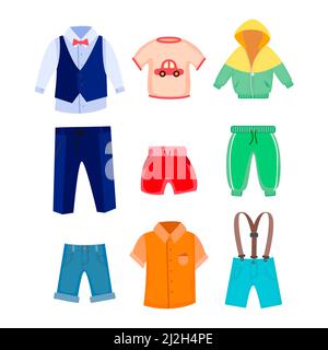 Legere und formelle Kleidung für Jungen Vektor-Illustrationen-Set. Jacke, Hemden, Hosen, Shorts für männliche Kinder, Sommer- oder Frühlingskleidung, Schlafanzug isoliert Stock Vektor