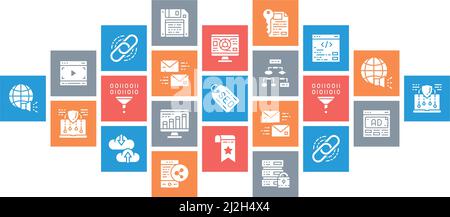 SEO flaches Design Webbanner. Symbole für Lesezeichen, Hosting, Hyperlink, Werbung, Datenübertragungslinien auf weißem Hintergrund isoliert. Stock Vektor