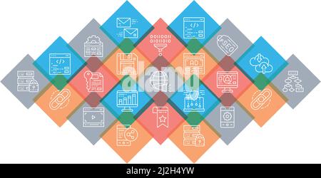SEO-Vektorsymbole. Lesezeichen, Hosting, Hyperlink, Werbung, Datentransfer Promotion-Symbole Banner auf weißem Hintergrund isoliert. Stock Vektor