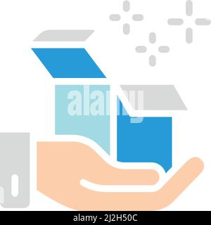 Vektor Hand mit Box, Lieferung, Geschenk weiße Linie Symbol. Symbol- und Schilderillustrationen. Stock Vektor