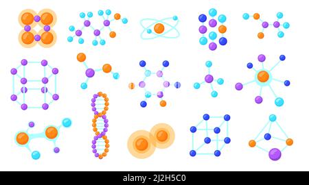 Verbindungen von molekularen Partikeln Illustrationen Set. Verschiedene Molekülkonstruktions-Modelle verschiedener Formen isoliert auf weißem Hintergrund. Biologie, Stock Vektor