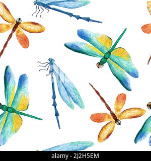 Aquarell handgezeichnetes nahtloses Muster mit Schmetterling Libelle Motten Insekten. Helle bunte blau grün orange Schmetterlinge wild Tierwelt Natur Hintergrund-Design für Textil-Tapete Stockfoto