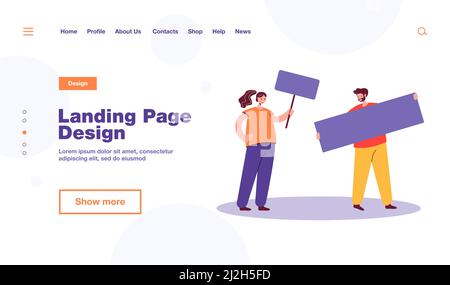 Ehepaar protestierte mit Transparent und Plakat. Männliche und weibliche Charaktere auf Demonstration flache Vektor-Illustration. Protest, Aktivismus, Freiheitskonzept fo Stock Vektor