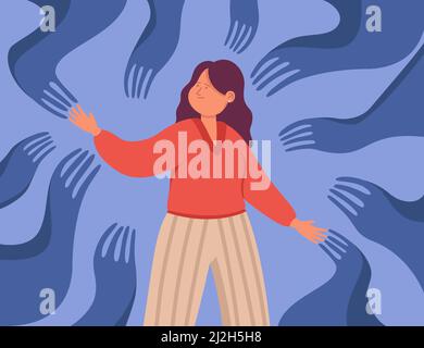 Gruselige Hände kriechen in Richtung weibliche Zeichentrickfigur. Frau schuldete oder an schlechte Menschen gebunden, gesteuert durch Macht der Angst oder sucht flach Vektor Stock Vektor