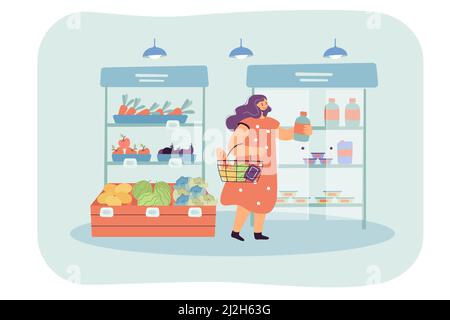 Weibliche Karikatur-Kunde, der Waren im Supermarkt wählt. Obst und Gemüse auf Regalen, Frau setzen Produkt in Korb flache Vektor-Illustration. Groc Stock Vektor