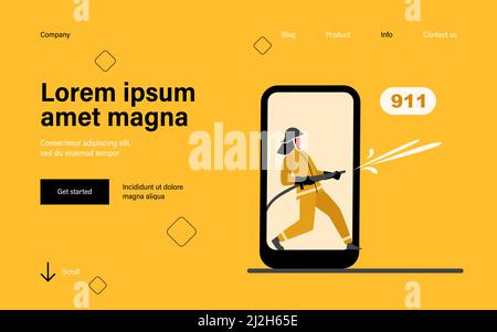 Feuerwehrmann auf Smartphone-Bildschirm mit Feuerwehrschlauch. Wasser, Telefon, Rettung flache Vektor-Illustration. Notdienst- und Digitaltechnik-Konzept fo Stock Vektor