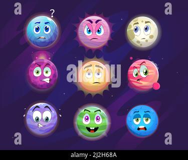 Lustige Planet Cartoon Figuren Vektor Illustrationen Set. Bunte Planeten mit Augen und Mündern, die verschiedene Emotionen auf violettem Backgrou isoliert zeigen Stock Vektor