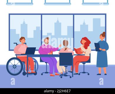 Eine Gruppe von Büroleuten, die während der Besprechung am Tisch Gespräche führen. Behinderte Person im Rollstuhl im Gespräch mit Kollegen am Arbeitsplatz flache Vektorgrafik Stock Vektor