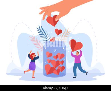 Hand einer großzügigen Person, die das Herz in das Glas setzt. Freiwillige geben Spenden flache Vektor-Illustration. Nächstenliebe, Liebe, Unterstützung, Gesundheit, Hoffnung Gemeinschaft con Stock Vektor