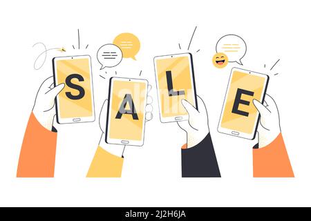 Hände, die Mobiltelefone mit SMS und großen Buchstaben auf dem Bildschirm halten. Menschen, die Smartphones für Anrufe, zahlen, eine Verbindung zu Wi-Fi Flat Vector illustrat Stock Vektor