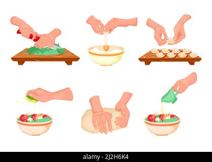 Vektorgrafiken für die Zubereitung von Mahlzeiten durch die Hände. Cartoon Person Schneiden von Salat, Kneten von Teig, Herstellung von Knödeln, Gießen Sauce isoliert auf weißem Backg Stock Vektor