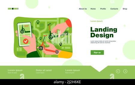 Hand der Person mit Roller mieten oder teilen App mit Stadtplan auf dem Smartphone. Vektor-Illustration für Stadtfahrzeug, Stadtverkehr, Kommunikation con Stock Vektor