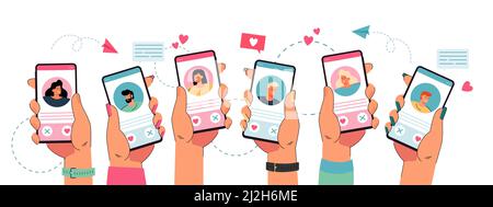 Hände halten Telefon mit Dating-App. Junge Menschen mögen Profile in Online-Anwendung flache Vektor-Illustration. Beziehung, Liebe, Technologie, roma Stock Vektor