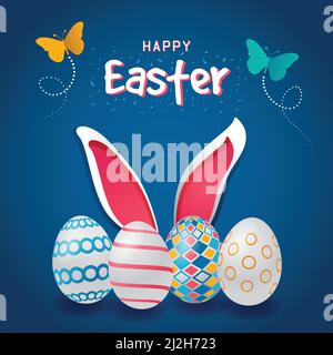 Frohe Ostern Helle Bunte Sprossen Grußkarte Design. Schmetterlinge, Hasenohren und bunte Muster Design Eier quadratische Banner Vektor-Illustration. Stock Vektor