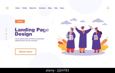 Glücklich graduierte Student stehend und halten Diplome isoliert flache Vektor-Illustration. Lächelnde Männer und Mädchen in akademischen Kleidern und Abschlussfeiern Stock Vektor