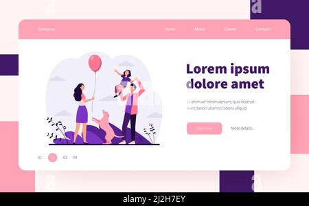 Glückliche Eltern mit Tochter Spaß zusammen. Vektor-Illustration für Hund, Vater, Mutter. Familien- und Elternschaftskonzept für Banner, Website desig Stock Vektor