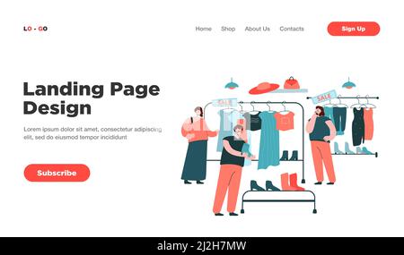 Glückliche Frauen Wahl Kleidung im Geschäft flache Vektor-Illustration. Cartoon weibliche Verbraucher beobachten Kleidung auf Kleiderbügeln. Einzelhandel, Modegeschäft und Shoppi Stock Vektor