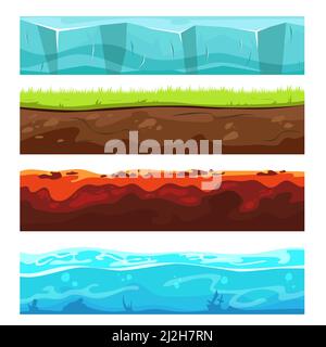 Grundebenen für Landschaft festgelegt. Cartoon-Vektor-Illustrationen von Schmutz Bodenabschnitte mit unterirdischen Steinen und Oberfläche von Gras oder Wiese, Eisdecke Stock Vektor