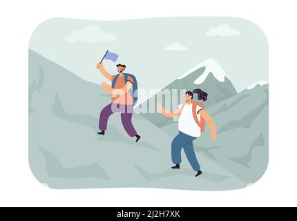 Mann und Frau wandern Vektor-Illustration. Ein paar Wanderer während der Wanderung auf dem Gipfel des Berges. Mann hält Flagge. Outdoor-Aktivitätskonzept für Banner, Webs Stock Vektor