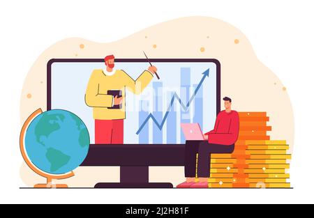 Mann, der sich ein Video über die finanzielle Bildung während der Sperre ansieht. Männliche Person sitzt auf Goldmünzen flache Vektor-Illustration. Lehrer auf Laptop-Bildschirm. Edu Stock Vektor