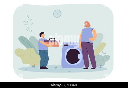 Mutter und Sohn machen Wäsche Vektor-Illustration. Weibliche Figur, die neben der Waschmaschine steht, kleiner Junge, der eine Schüssel mit Kleidung trägt. Haushalt Stock Vektor