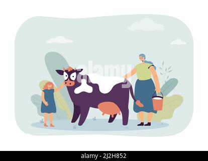 Mutter und Tochter melken Kuh. Frau mit Eimer Milch, Mädchen streichelte Haustiertier mit Euter flache Vektor-Illustration. Landwirtschaft, Milchprodukte Konz Stock Vektor