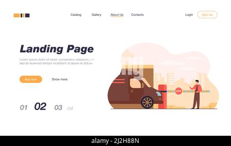 Parkplatzsicherheit. Aufseher, der am Torarm mit Stoppschild zur Fahrzeugkontrolle steht. Vektordarstellung für Schutz, Fahrzeugsicherheit, Transport Stock Vektor