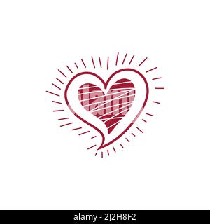 Vektor Clip Art Bleistift Skizze von rotem Herz mit Strahlen auf weißem Hintergrund. Scribble Symbol der Liebe für Valentinstag mit Balken. Festliches Schild Stock Vektor