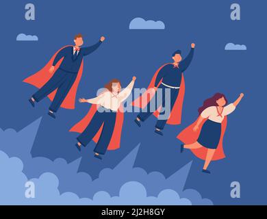 Professionelle Geschäftsleute, die in Kaps fliegen. Team von leistungsstarken Superhelden Geschäftsleute in Anzügen, Himmel Hintergrund flache Vektor-Illustration Stock Vektor