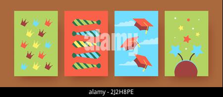 Set von zeitgenössischen Kunstpostern mit Zeremonienzubehör. Vektorgrafik. Bunte lustige Kronen, Krawatten, Abschlusskappen und Stirnband in hellem b Stock Vektor