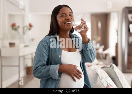 Muss für eine gute Gesundheit hydratisiert bleiben. Porträt einer Schwangeren, die zu Hause ein Glas Wasser trinkt. Stockfoto