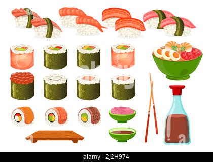 Set von verschiedenen Arten von Sushi und Rollen Cartoon-Illustration. Nigiri, Sojasauce, Essstäbchen, Sashimi, Uramaki, gunkan Sushi mit Aal, Ikura, Nudel Stock Vektor