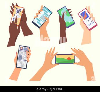 Satz von Händen halten Smartphones. Cartoon-Vektorgrafik. Verschiedene Menschen, die Online-Apps zum Einkaufen und Messenger, Karte, soziale Netzwerke und nutzen Stock Vektor