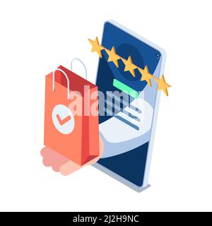 Flacher 3D Isometrischer Geschäftsmann zeigt Einkaufstasche mit fünf-Sterne-Bewertung. Qualitätskonzept Des Produkts. Stock Vektor