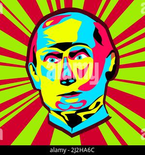 Poster mit einem Porträt des russischen Präsidenten Wladimir Putin auf dem Hintergrund von Strahlen in rosa und grünen Farben Pop-Art-Stil Vektor-Illustration Stock Vektor