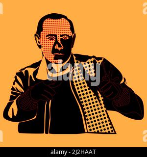 Poster mit einem Porträt des russischen Präsidenten. Vladimir Putin mit Fingern gefaltet wie eine Waffe auf den orangen Hintergrundfarben Pop Art Stil Vektor-Illust Stock Vektor