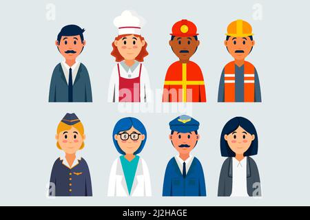 Flache Illustration Zeichen mit verschiedenen Berufen gesetzt Stock Vektor