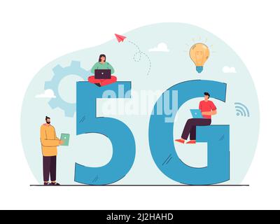 Kleine Leute, die superschnelles Internet nutzen. Männer und Frauen mit Laptops und Tablets nutzen das 5G-Netz und kommunizieren online. Modernes Technologiekonzept für b Stock Vektor
