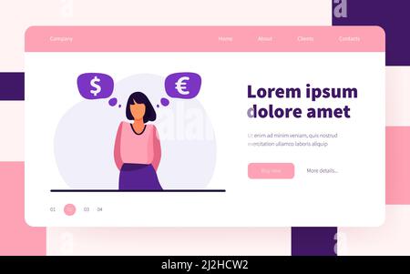Frau steht und denkt über den Wechselkurs nach. Vektor-Illustration: Euro, Dollar, Cash Flat. Finanz- und Investitionskonzept für Banner, Website desig Stock Vektor