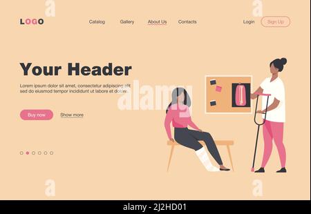 Frau mit verletzten gebrochenen Bein in Gips gegossen sitzt in der Arztpraxis, unter Röntgenaufnahme und Krücke. Vektordarstellung für Trauma, Krankenhaus, Behandlung, Stock Vektor