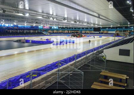 Heerenveen, Niederlande. 1. April 2022. HEERENVEEN, NL. APRIL 1T. Die Eisbahn Thialf während des ROLOEF THIJS BOKAAL auf der Eisbahn Thialf, Heerenveen am Freitag, 1.. April 2022. (Kredit: Ian Charles | MI News) Stockfoto