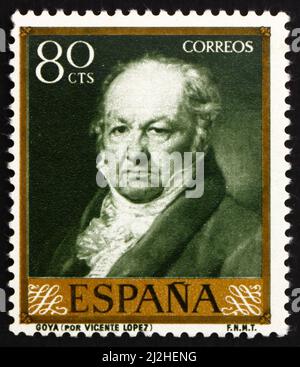 SPANIEN - UM 1958: Eine in Spanien gedruckte Briefmarke zeigt Portrait of Goya von Vicente Lopez, um 1958 Stockfoto