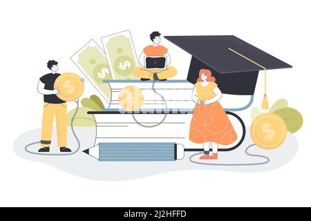Kleine College- oder Universitätsstudenten, die Darlehen für einen Abschluss machen. Männlicher und weiblicher Charakter in der Nähe von Büchern, die Geld oder Studiengebühren für die Schulwohnung vecto bezahlen Stock Vektor