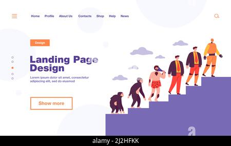 Menschliche Evolution zur Roboterlinie. Primatenaffen, Vorfahr, Höhlenmensch, Geschäftsmann, Mann mit bionischem Glied, Cyborg. Vektorgrafik für Anthropologie, in Stock Vektor