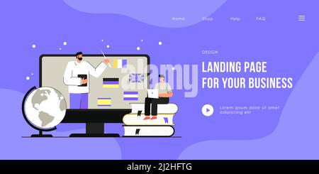 Kleiner Mann, der online Fremdsprachen lernt. Flache Vektorgrafik. Student sitzt auf riesigen Büchern mit Computer, mit Unterricht im Internet. Online Stock Vektor