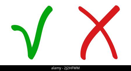 Rotes Kreuz x falsches Zeichen abgelehnt und grünes Häkchen-Symbol Bestätigung der Genehmigung, handgezogen Stock Vektor