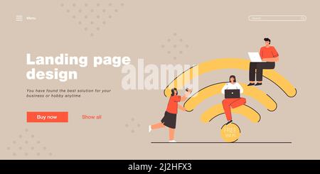 Kleine Leute, die über Wireless Internet kommunizieren. Männer und Frauen, die unterschiedliche Geräte verwenden. Laptops und Mobiltelefone für Messaging. Fernkommunikation Stock Vektor