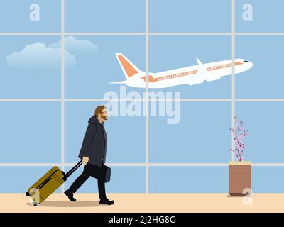 Ein Geschäftsmann, der mit dem Gepäck auf Rädern im Flughafen unterwegs war, um in den Flieger zu steigen. Flugzeug und Himmel im Hintergrund. Stock Vektor