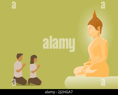 Männer und Frauen knien, um der Buddha-Statue mit grünem Hintergrund Respekt zu erweisen. Stock Vektor