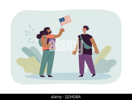 Zwei schwarze Studentinnen treffen sich. Mädchen mit Rucksack hält amerikanische Flagge, Unabhängigkeitstag flache Vektor-Illustration. Kommunikation, Patriotismus Konz Stock Vektor